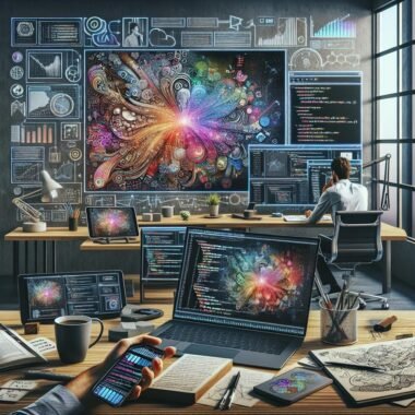 Moderner Arbeitsplatz mit Laptop, Tablet, digitalem Monitor, Skizzenbuch, Kaffeetasse, Pflanze und Person, die KI-Tools nutzt, bei Tageslicht im hellen Büro.