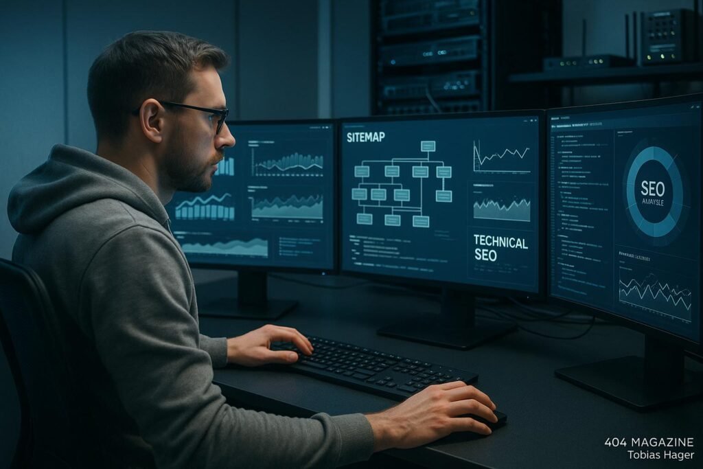 Ein SEO-Experte vor mehreren Monitoren in einem technischen Büro mit Serverregalen und Netzwerkgeräten, die komplexe SEO-Daten und Analysen anzeigen.