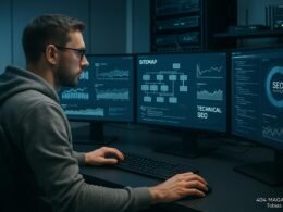 Ein SEO-Experte vor mehreren Monitoren in einem technischen Büro mit Serverregalen und Netzwerkgeräten, die komplexe SEO-Daten und Analysen anzeigen.