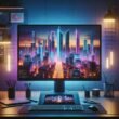 Hochauflösender Monitor auf einem modernen digitalen Arbeitsplatz zeigt eine bunte, futuristische Stadtansicht bei Sonnenuntergang mit Neonlichtern in Blau, Lila und Orange, umgeben von kreativen Arbeitsgeräten.