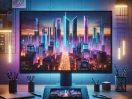 Hochauflösender Monitor auf einem modernen digitalen Arbeitsplatz zeigt eine bunte, futuristische Stadtansicht bei Sonnenuntergang mit Neonlichtern in Blau, Lila und Orange, umgeben von kreativen Arbeitsgeräten.