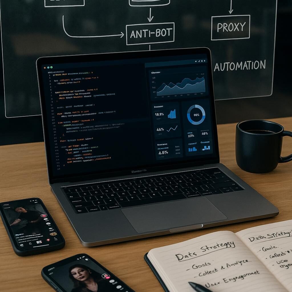 Nahaufnahme eines modernen Arbeitsplatzes mit Laptop, Smartphones, Notizbüchern, Kaffee und einer transparenten Projektionsschematik zu Web Scraping Prozessen mit Schlagwörtern wie 'rechtlich', 'Anti-Bot' und 'Automatisierung'.
