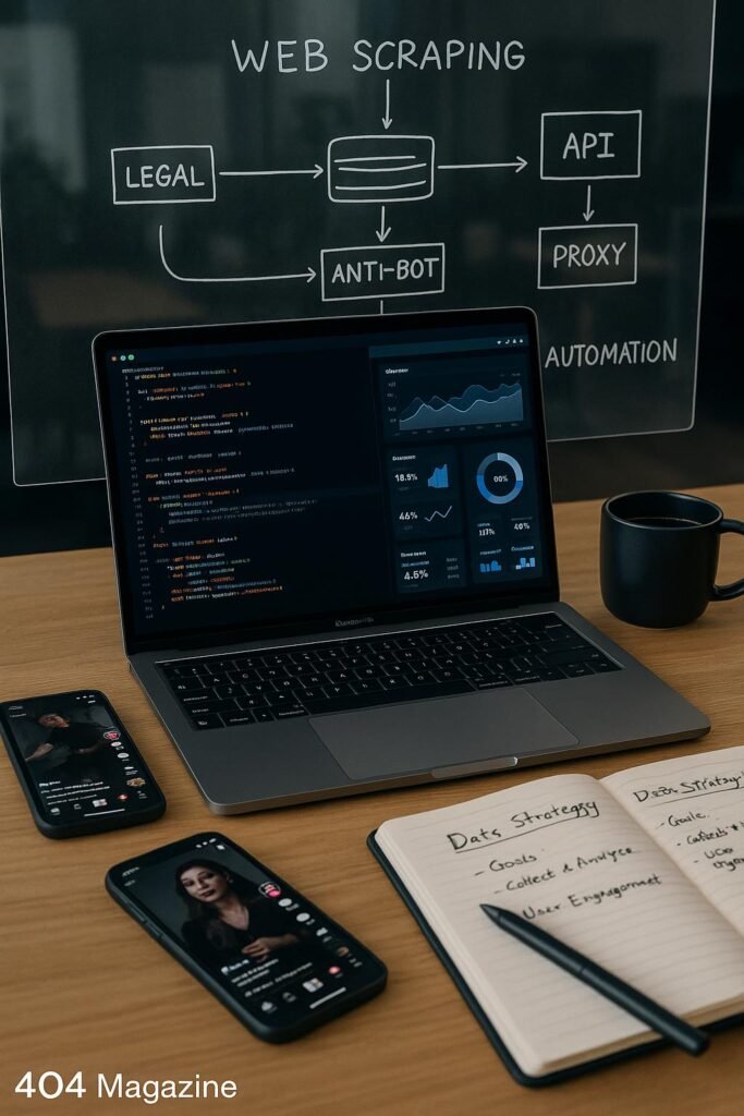 Nahaufnahme eines modernen Arbeitsplatzes mit Laptop, Smartphones, Notizbüchern, Kaffee und einer transparenten Projektionsschematik zu Web Scraping Prozessen mit Schlagwörtern wie 'rechtlich', 'Anti-Bot' und 'Automatisierung'.