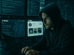 Hacker in dunklem Raum vor Monitoren mit Codes, TikTok-Seiten und Datenströmen, umgeben von digitalen Linien und Netzwerkdiagrammen, moderne Hightech-Atmosphäre