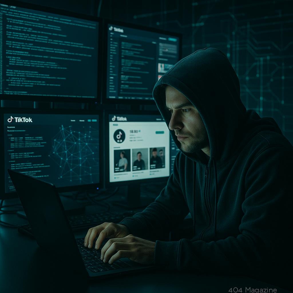 Hacker in dunklem Raum vor Monitoren mit Codes, TikTok-Seiten und Datenströmen, umgeben von digitalen Linien und Netzwerkdiagrammen, moderne Hightech-Atmosphäre