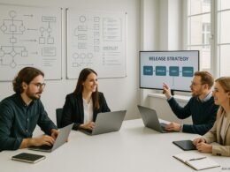 Ein modernes Entwickler- und Content-Team bei lebhafter Diskussion um einen großen Tisch mit Laptops und Whiteboards im Hintergrund