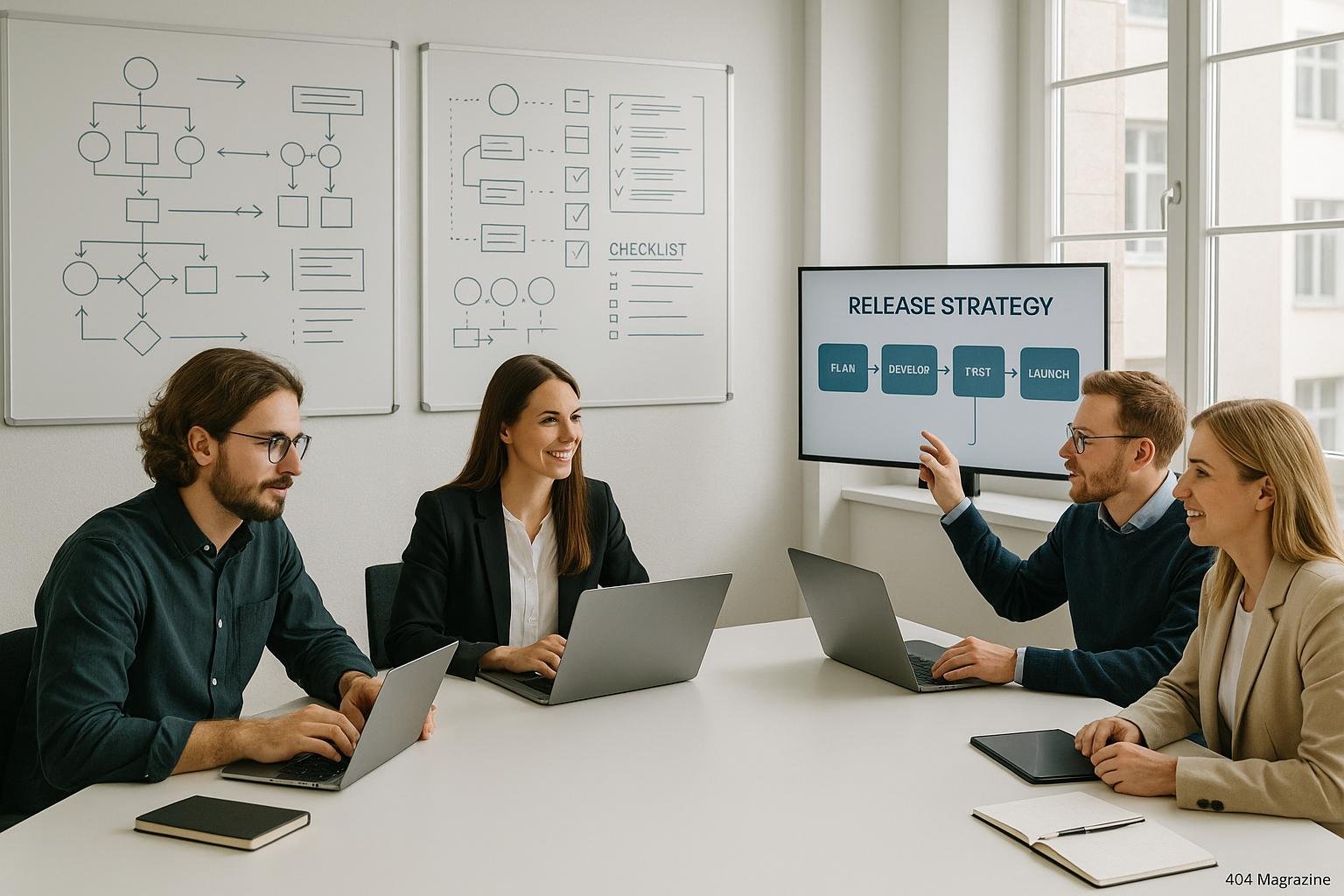 Ein modernes Entwickler- und Content-Team bei lebhafter Diskussion um einen großen Tisch mit Laptops und Whiteboards im Hintergrund