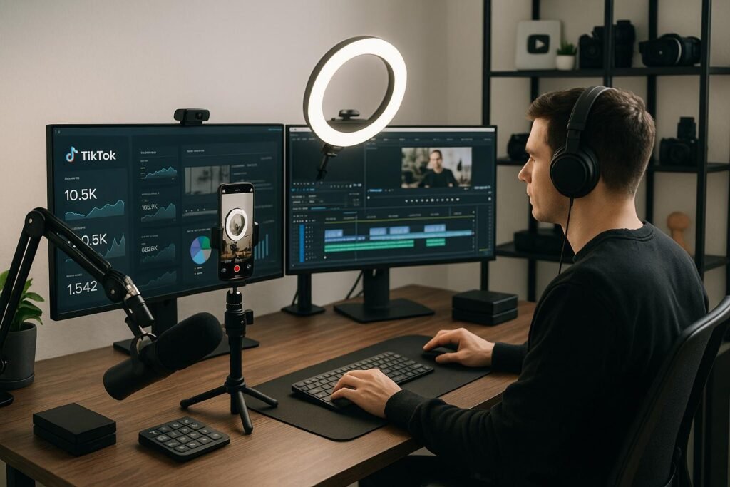 Ein moderner Arbeitsplatz mit mehreren Monitoren, Kamera-Setup, Ringlichtern und technischem Equipment, ideal für TikTok Content Creation. Credit: 404 Magazine (Tobias Hager)