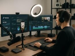 Ein moderner Arbeitsplatz mit mehreren Monitoren, Kamera-Setup, Ringlichtern und technischem Equipment, ideal für TikTok Content Creation. Credit: 404 Magazine (Tobias Hager)
