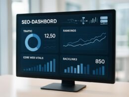 Modernes Kontrollzentrum auf einem Computerbildschirm mit visuellen SEO-Kennzahlen wie Diagrammen und Datenströmen, umgeben von technischen Elementen in einem hellen Büro.