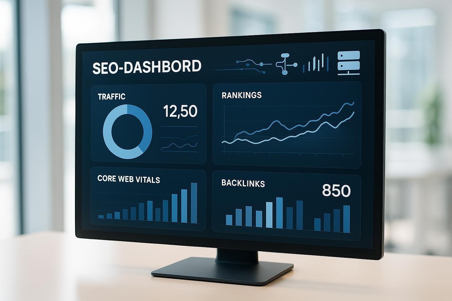 Modernes Kontrollzentrum auf einem Computerbildschirm mit visuellen SEO-Kennzahlen wie Diagrammen und Datenströmen, umgeben von technischen Elementen in einem hellen Büro.