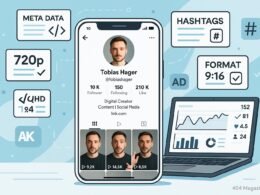 Modernes TikTok-Content-Setup mit vollständigem Profil, Video-Previews, technischen Grafiken und Analyse-Software im Hintergrund, präsentiert auf hellem, modernen Bildschirm. Credit: 404 Magazine (Tobias Hager).
