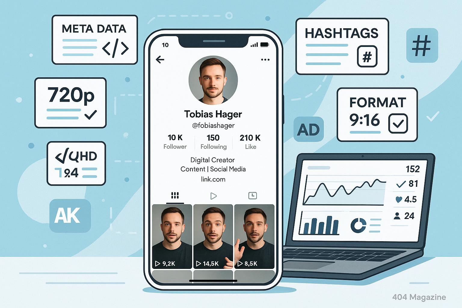 Modernes TikTok-Content-Setup mit vollständigem Profil, Video-Previews, technischen Grafiken und Analyse-Software im Hintergrund, präsentiert auf hellem, modernen Bildschirm. Credit: 404 Magazine (Tobias Hager).