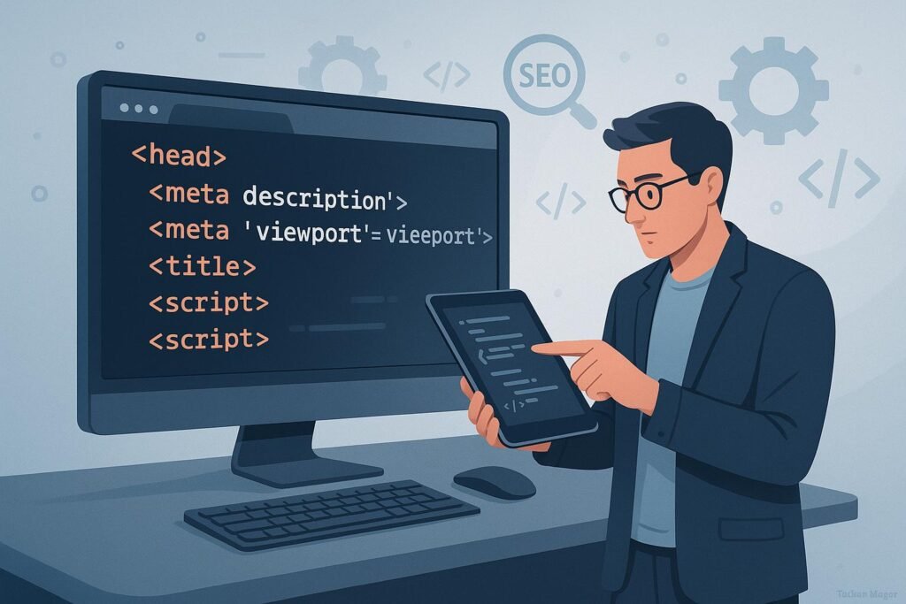 Moderne Computerarbeitsstation mit Monitor, Person nutzt Tablet, um Code zu überprüfen, im Hintergrund SEO-Symbole wie Zahnräder und Lupen.