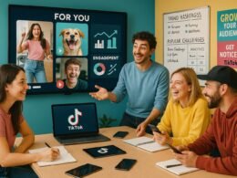 Gruppen von Content-Creators bei einem TikTok-Workshop, die Strategien besprechen, vor einem Bildschirm mit Viral-Videos und Trend-Daten, umgeben von Whiteboard, Tablets und Smartphones.