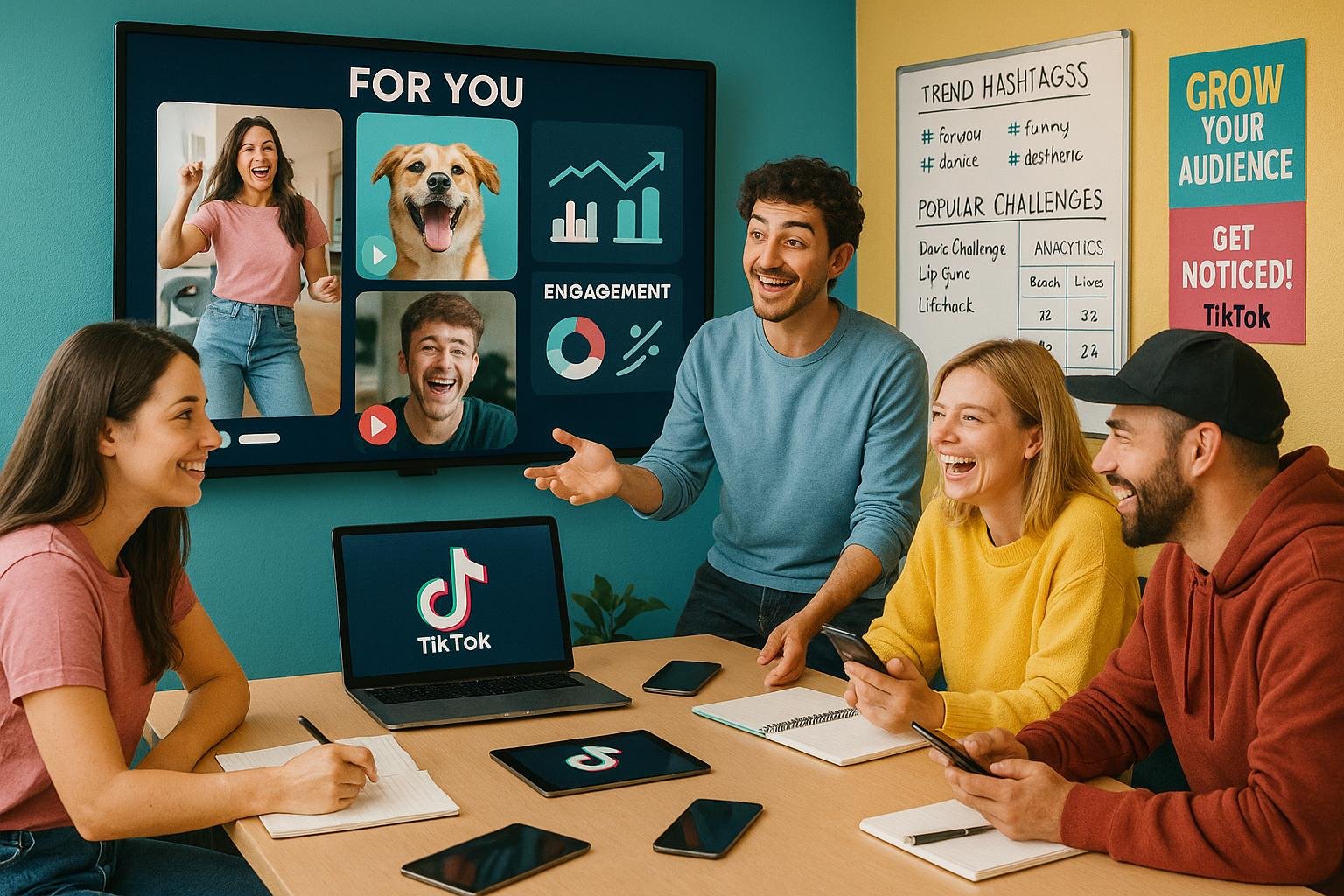 Gruppen von Content-Creators bei einem TikTok-Workshop, die Strategien besprechen, vor einem Bildschirm mit Viral-Videos und Trend-Daten, umgeben von Whiteboard, Tablets und Smartphones.