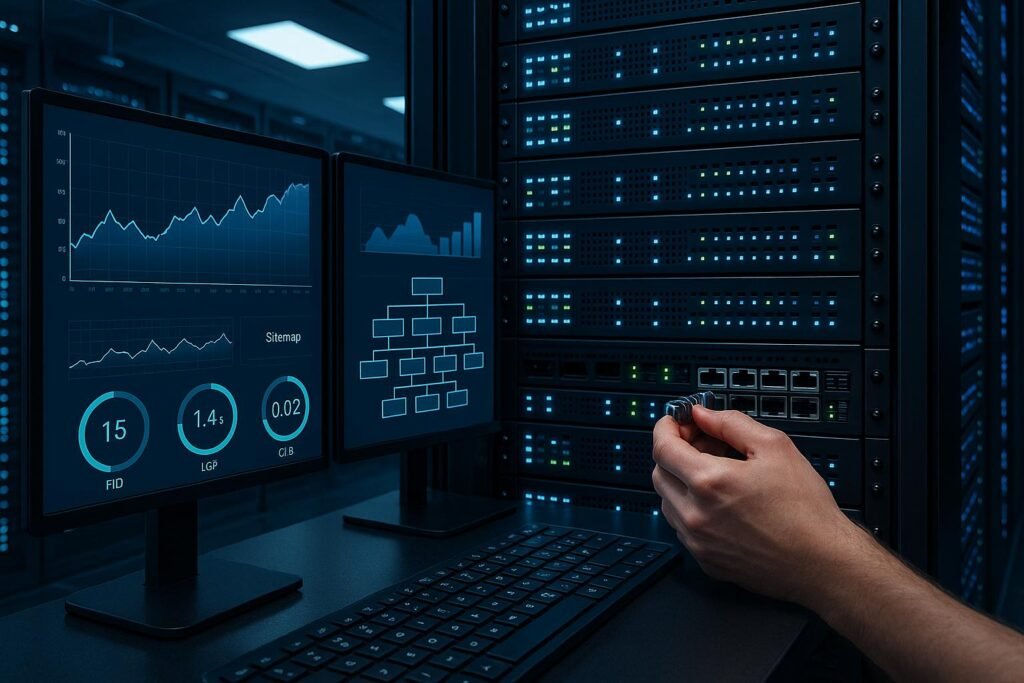 Ein moderner Serverraum mit blauen und grünen Kontrollleuchten, während ein Entwickler einen Netzwerkswitch einstellt, mit Monitoren, die Website-Metriken und Sitemaps anzeigen.