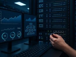 Ein moderner Serverraum mit blauen und grünen Kontrollleuchten, während ein Entwickler einen Netzwerkswitch einstellt, mit Monitoren, die Website-Metriken und Sitemaps anzeigen.