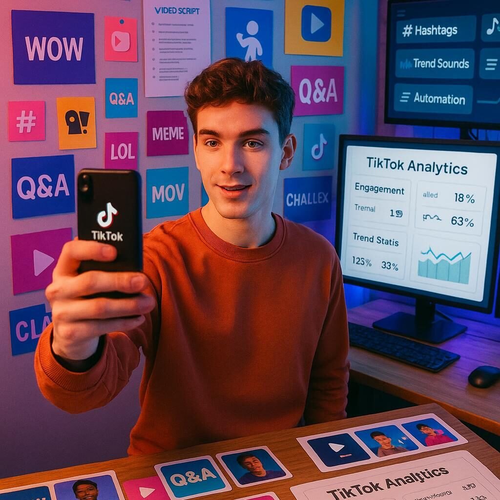 Junger Content-Creator hält Smartphone-Kamera in einem modernen Kreativraum mit Trend-Postern, Hashtag-Karten, Videoausschnitten und Analytics-Displays, geschaffen für TikTok-Marketing im Jahr 2025. Credit: 404 Magazine (Tobias Hager)