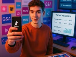 Junger Content-Creator hält Smartphone-Kamera in einem modernen Kreativraum mit Trend-Postern, Hashtag-Karten, Videoausschnitten und Analytics-Displays, geschaffen für TikTok-Marketing im Jahr 2025. Credit: 404 Magazine (Tobias Hager)