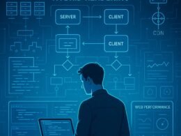Webentwickler vor einem holografischen Bildschirm mit technologischen Diagrammen und Server-Icons im futuristischen Stil, inklusive Code-Editoren und Performance-Tools
