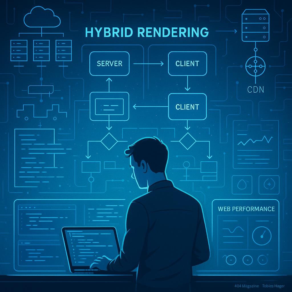 Webentwickler vor einem holografischen Bildschirm mit technologischen Diagrammen und Server-Icons im futuristischen Stil, inklusive Code-Editoren und Performance-Tools
