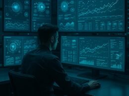 Futuristisches Kontrollzentrum mit mehreren Bildschirmen, Datenvisualisierungen und einem Analysten im Vordergrund, umgeben von KI-Interfaces und leuchtenden LEDs.