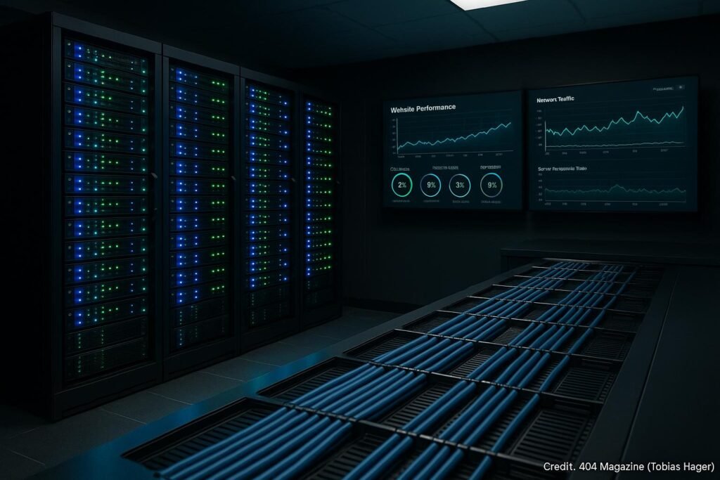 Moderner Serverraum mit beleuchteten Serverracks und Monitoren, die Echtzeit-Daten anzeigen, Credit: 404 Magazine (Tobias Hager)