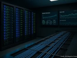 Moderner Serverraum mit beleuchteten Serverracks und Monitoren, die Echtzeit-Daten anzeigen, Credit: 404 Magazine (Tobias Hager)