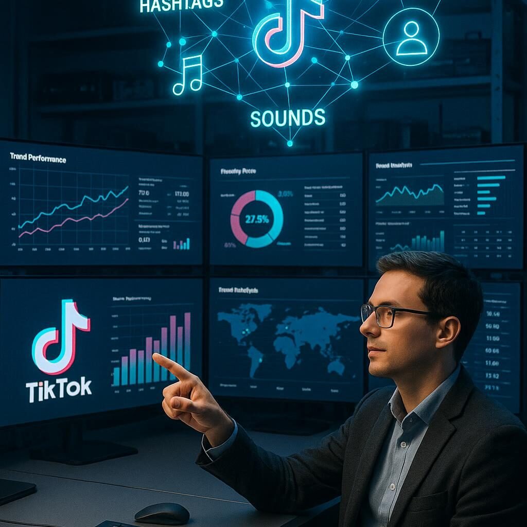 Technikexperte in smarter Kleidung vor einer holografischen Darstellung von TikTok-Trends, umgeben von großen Bildschirmen und technischer Ausstattung im Kontrollzentrum.