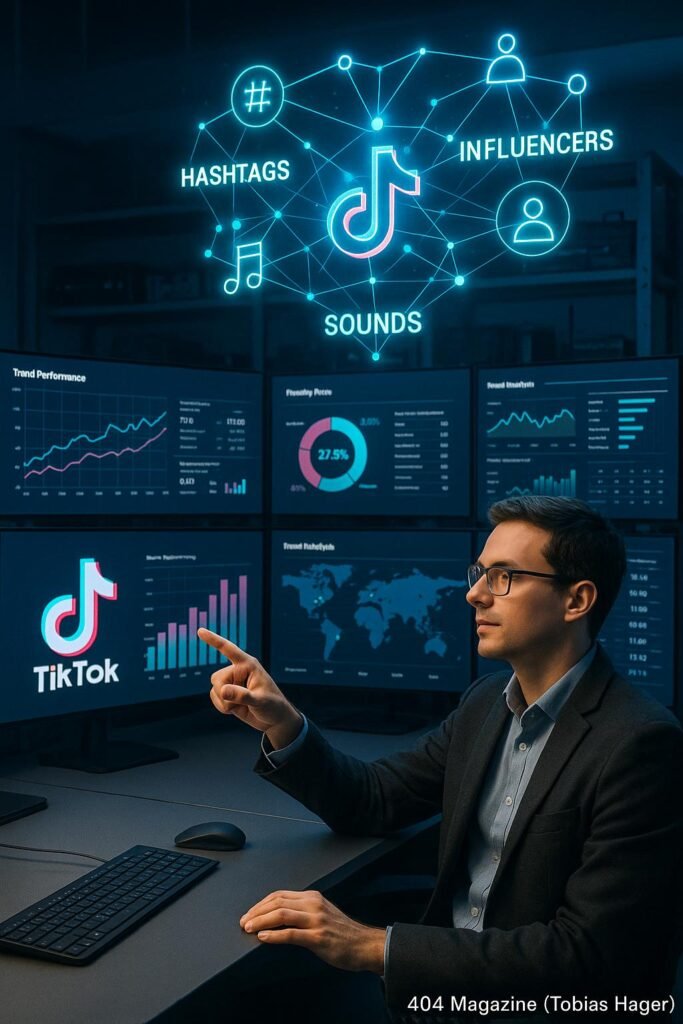 Technikexperte in smarter Kleidung vor einer holografischen Darstellung von TikTok-Trends, umgeben von großen Bildschirmen und technischer Ausstattung im Kontrollzentrum.