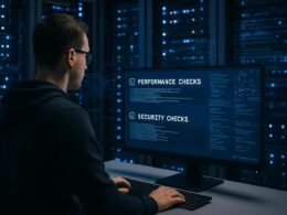 Entwickler im modernen Serverraum mit blauen LED-Leuchten, Kabelbäumen und digitalen Netzwerk- und Sicherheitssymbolen, die Performance- und Sicherheitschecks in Echtzeit anzeigen.