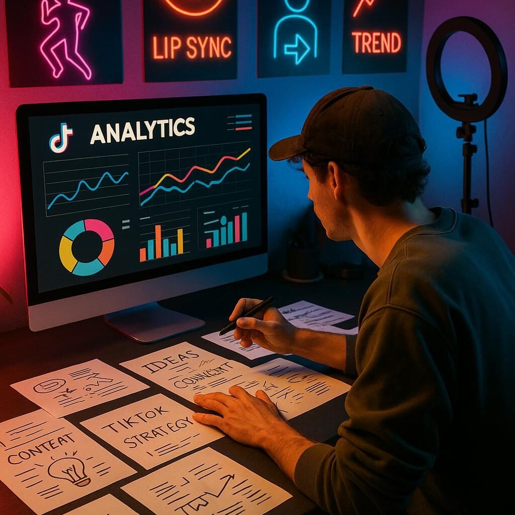 Arbeitsplatz eines TikTok Creators mit Monitor, Analytikcharts, handschriftlichen Notizen, trendigen Postern und Neonlichtern, eingefangen von Tobias Hager für 404 Magazine