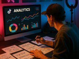 Arbeitsplatz eines TikTok Creators mit Monitor, Analytikcharts, handschriftlichen Notizen, trendigen Postern und Neonlichtern, eingefangen von Tobias Hager für 404 Magazine