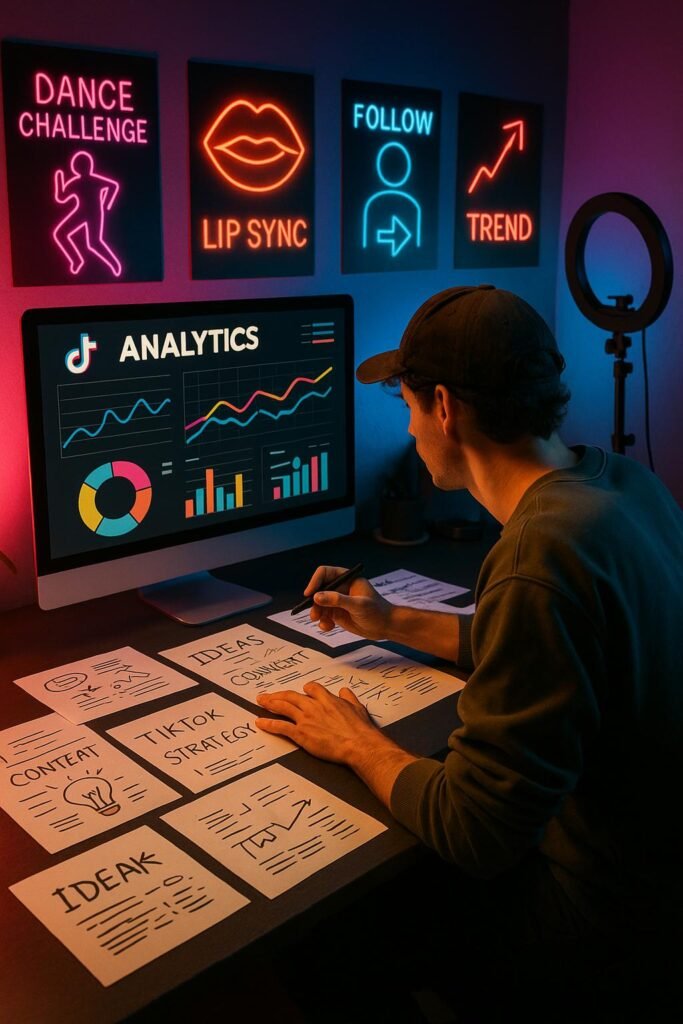 Arbeitsplatz eines TikTok Creators mit Monitor, Analytikcharts, handschriftlichen Notizen, trendigen Postern und Neonlichtern, eingefangen von Tobias Hager für 404 Magazine