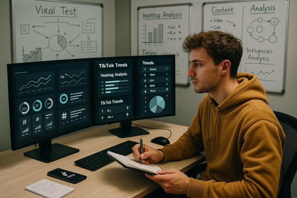 Junger Content-Creator sitzt vor mehreren Monitoren mit TikTok-Analysen, Whiteboards mit Skizzen und Strategie-Notizen im modernen Büro.