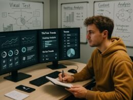Junger Content-Creator sitzt vor mehreren Monitoren mit TikTok-Analysen, Whiteboards mit Skizzen und Strategie-Notizen im modernen Büro.