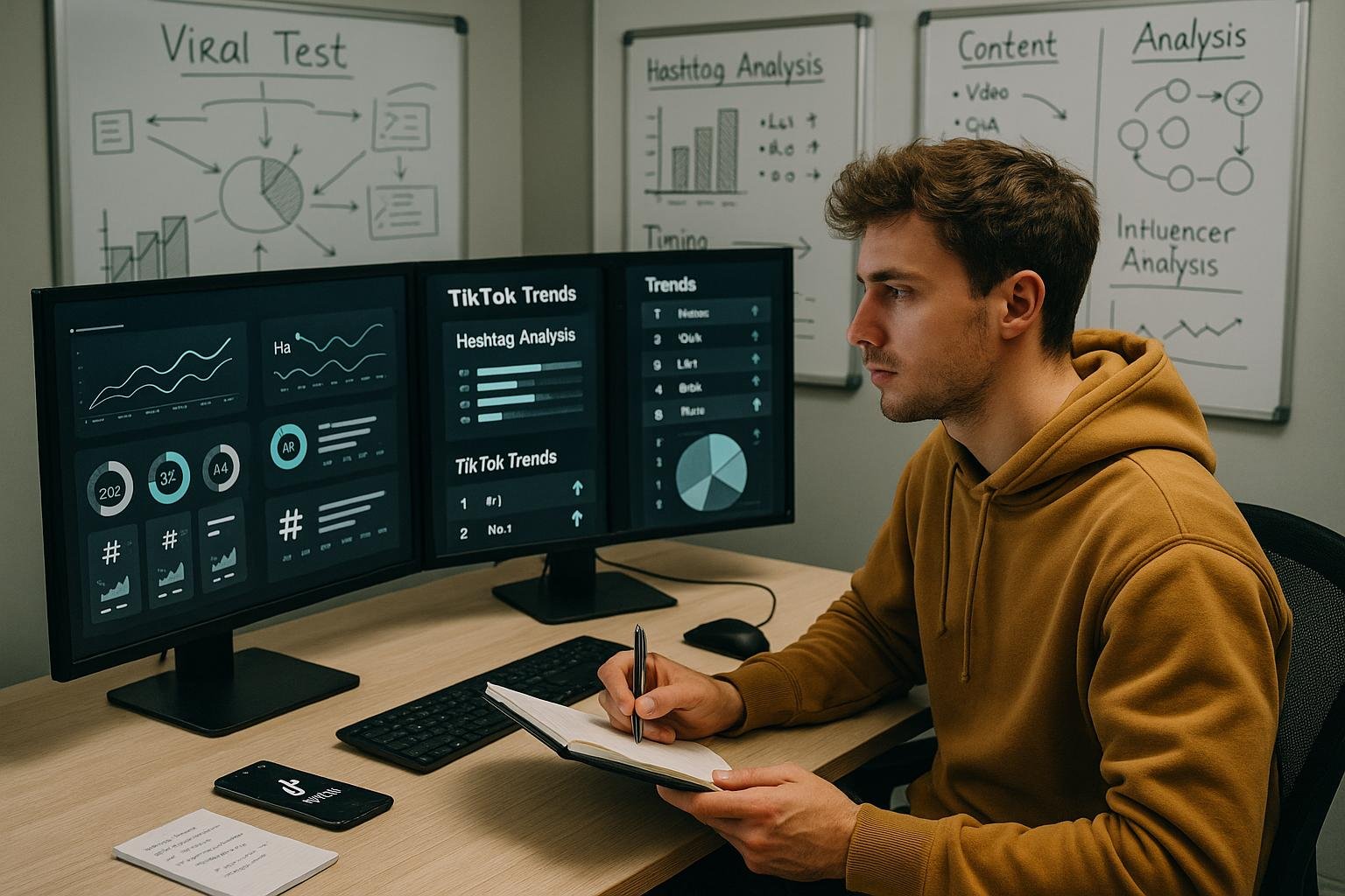 Junger Content-Creator sitzt vor mehreren Monitoren mit TikTok-Analysen, Whiteboards mit Skizzen und Strategie-Notizen im modernen Büro.
