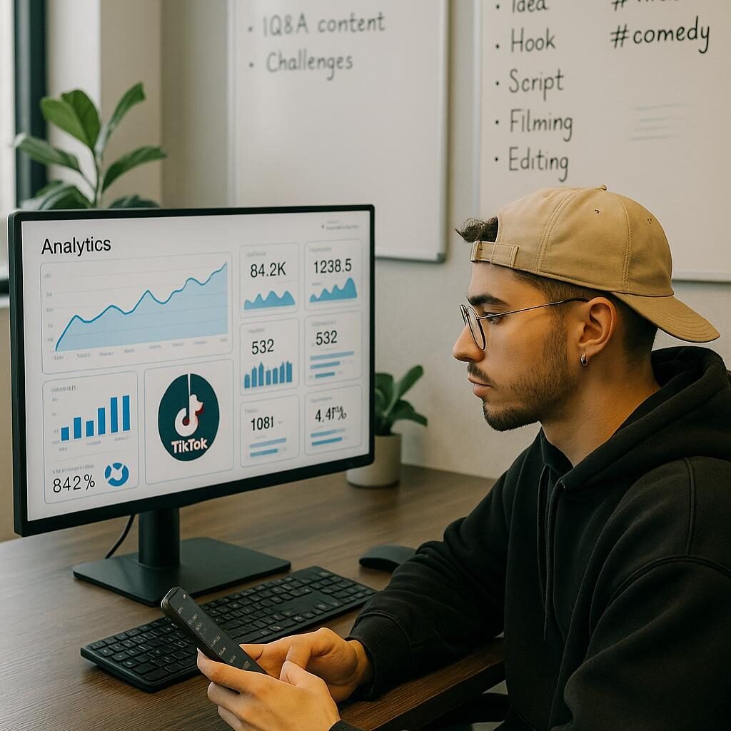 Junger Content-Creator in modernem Büro mit Analytics-Dashboard auf großem Monitor, Whiteboards mit Notizen im Hintergrund, helles Licht, freundlich und produktiv.