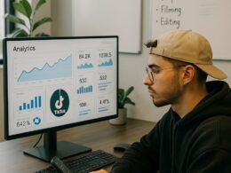 Junger Content-Creator in modernem Büro mit Analytics-Dashboard auf großem Monitor, Whiteboards mit Notizen im Hintergrund, helles Licht, freundlich und produktiv.