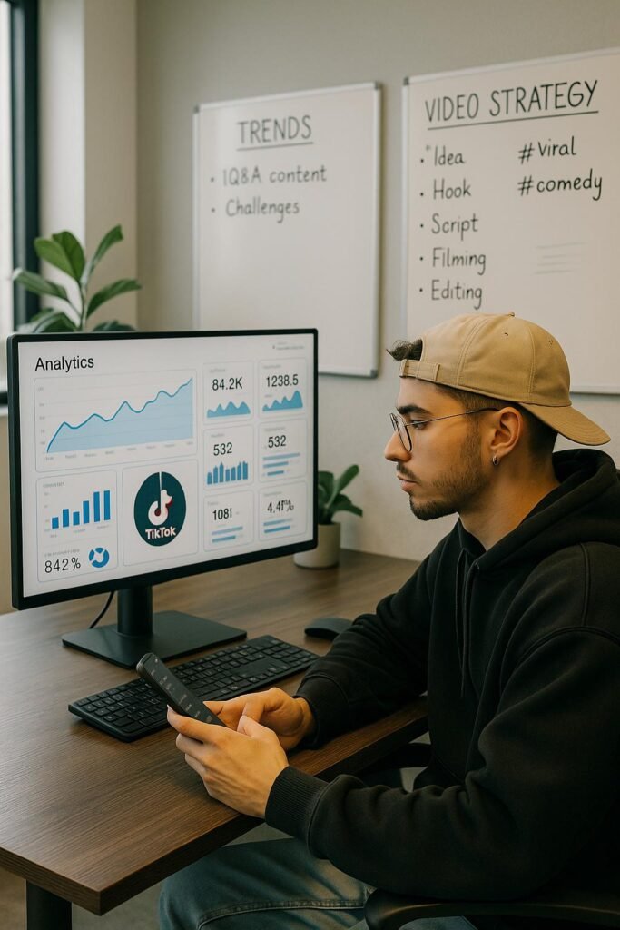 Junger Content-Creator in modernem Büro mit Analytics-Dashboard auf großem Monitor, Whiteboards mit Notizen im Hintergrund, helles Licht, freundlich und produktiv.