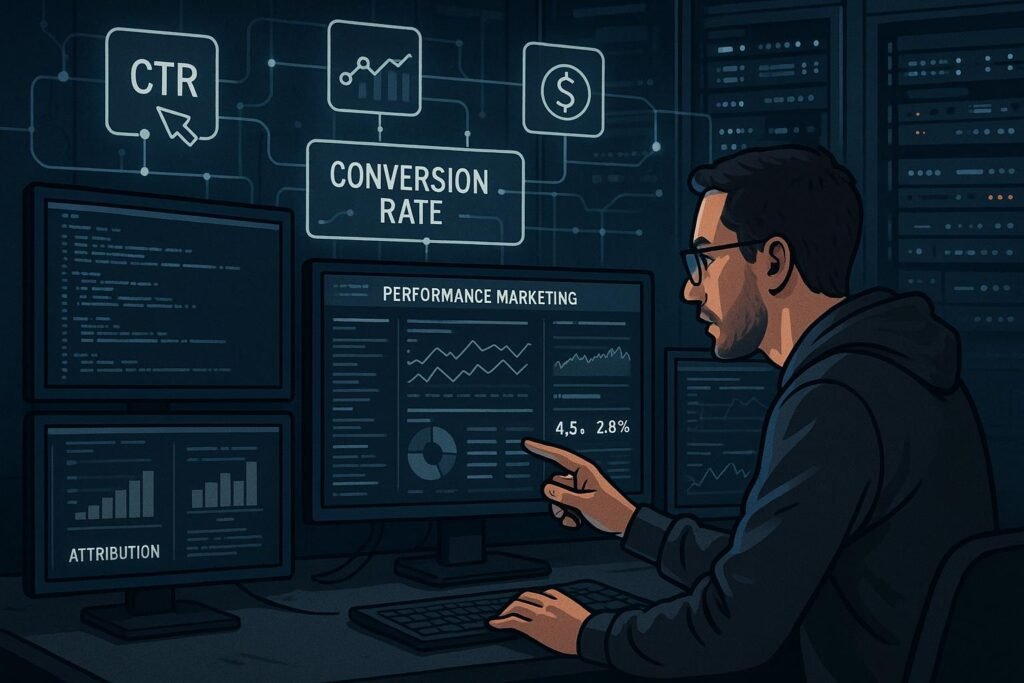 Ein hochentwickelter digitaler Arbeitsplatz mit Bildschirmen, Datenanalysen und Server-Infrastruktur im Performance Marketing, Marketer analysiert Datenstreams, umgeben von KPI-Icons.