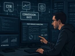 Ein hochentwickelter digitaler Arbeitsplatz mit Bildschirmen, Datenanalysen und Server-Infrastruktur im Performance Marketing, Marketer analysiert Datenstreams, umgeben von KPI-Icons.