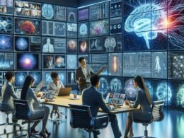 Futuristische digitale Arbeitsumgebung mit mehreren Bildschirmen, Teams, die an KI-generierten Visuals arbeiten, und einer Wand voller AI-generierter Bilder