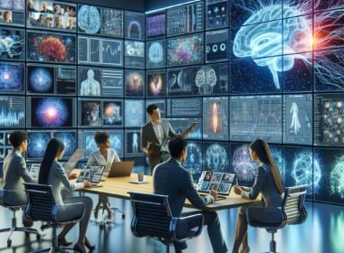 Futuristische digitale Arbeitsumgebung mit mehreren Bildschirmen, Teams, die an KI-generierten Visuals arbeiten, und einer Wand voller AI-generierter Bilder