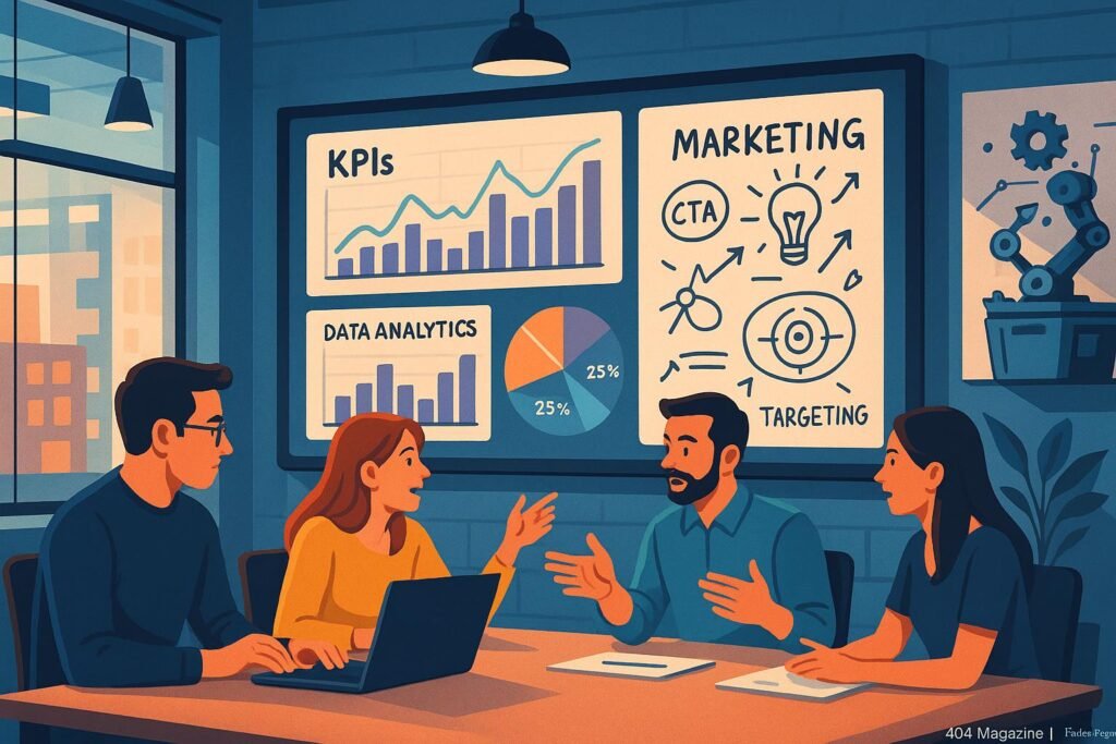 Dynamische Büroszene mit Marketing-Experten, Data-Analytics-Displays und technischen Gadgets im Hintergrund