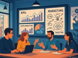 Dynamische Büroszene mit Marketing-Experten, Data-Analytics-Displays und technischen Gadgets im Hintergrund