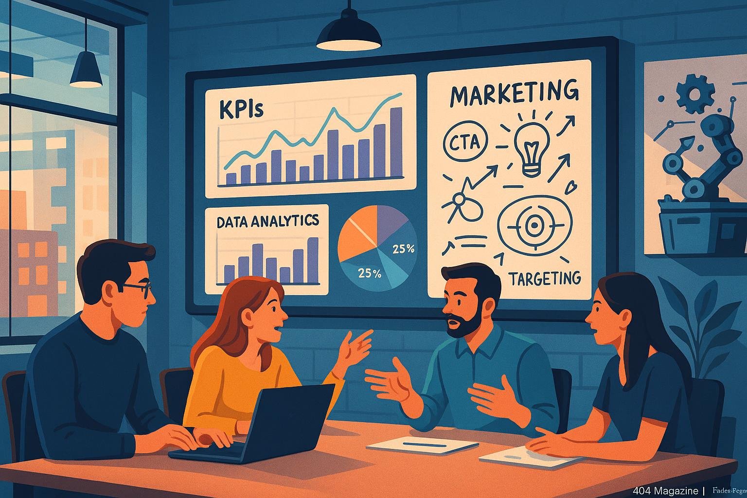 Dynamische Büroszene mit Marketing-Experten, Data-Analytics-Displays und technischen Gadgets im Hintergrund