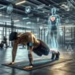 Person beim Plank-Training in einem high-tech Fitnessstudio mit holographischen Daten-Overlays und Robotertrainer, das die Zukunft des personalisierten Trainings zeigt.