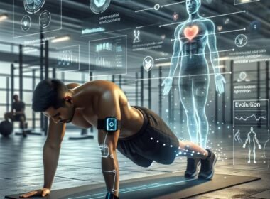 Person beim Plank-Training in einem high-tech Fitnessstudio mit holographischen Daten-Overlays und Robotertrainer, das die Zukunft des personalisierten Trainings zeigt.